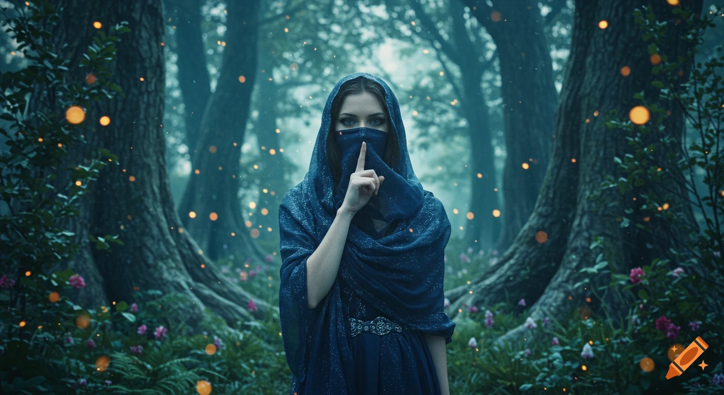 Mysterious woman in a blue veil making a 'hush' gesture in a glowing, ethereal forest. Photorealistic, fantasy style.