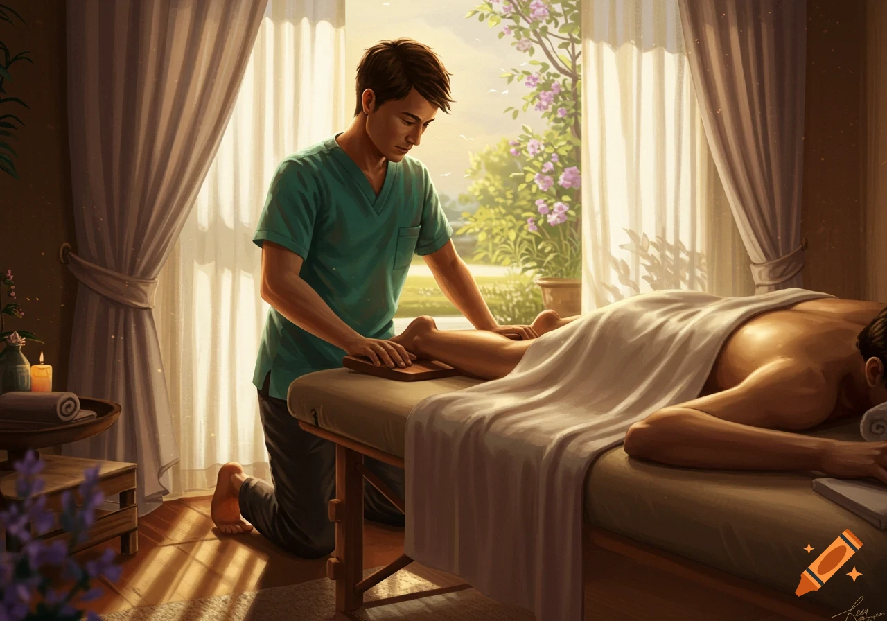 A male masseur kneels beside a massage table, giving a foot massage to a client lying prone under a white sheet in a sunlit room with outdoor plants visible through a window.