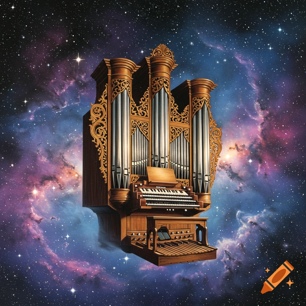 An ornate pipe organ floats in vibrant outer space with stars and nebulae, in a realistic 80s airbrush illustration.