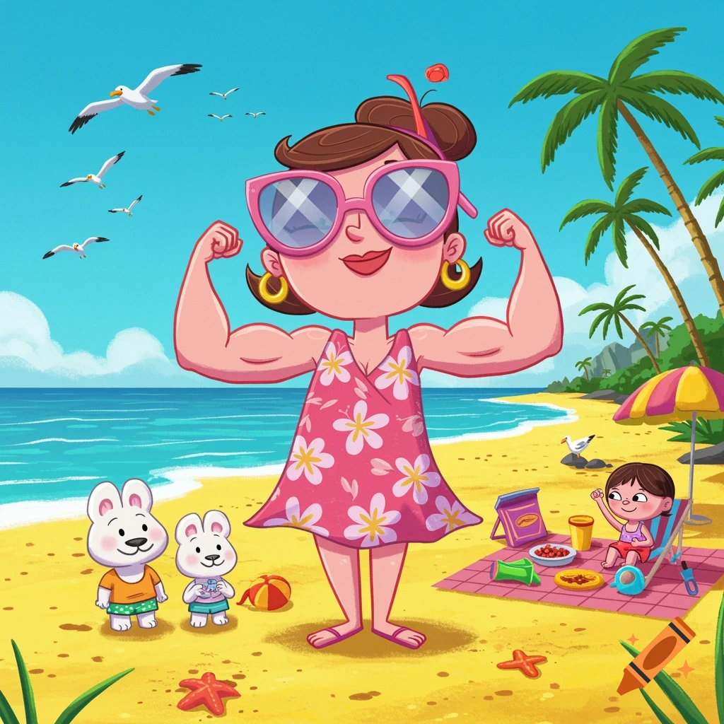 A cartoon woman with pink sunglasses and a floral dress flexes her arm muscles on a sunny beach. Two cartoon rabbits and a child playing are nearby.