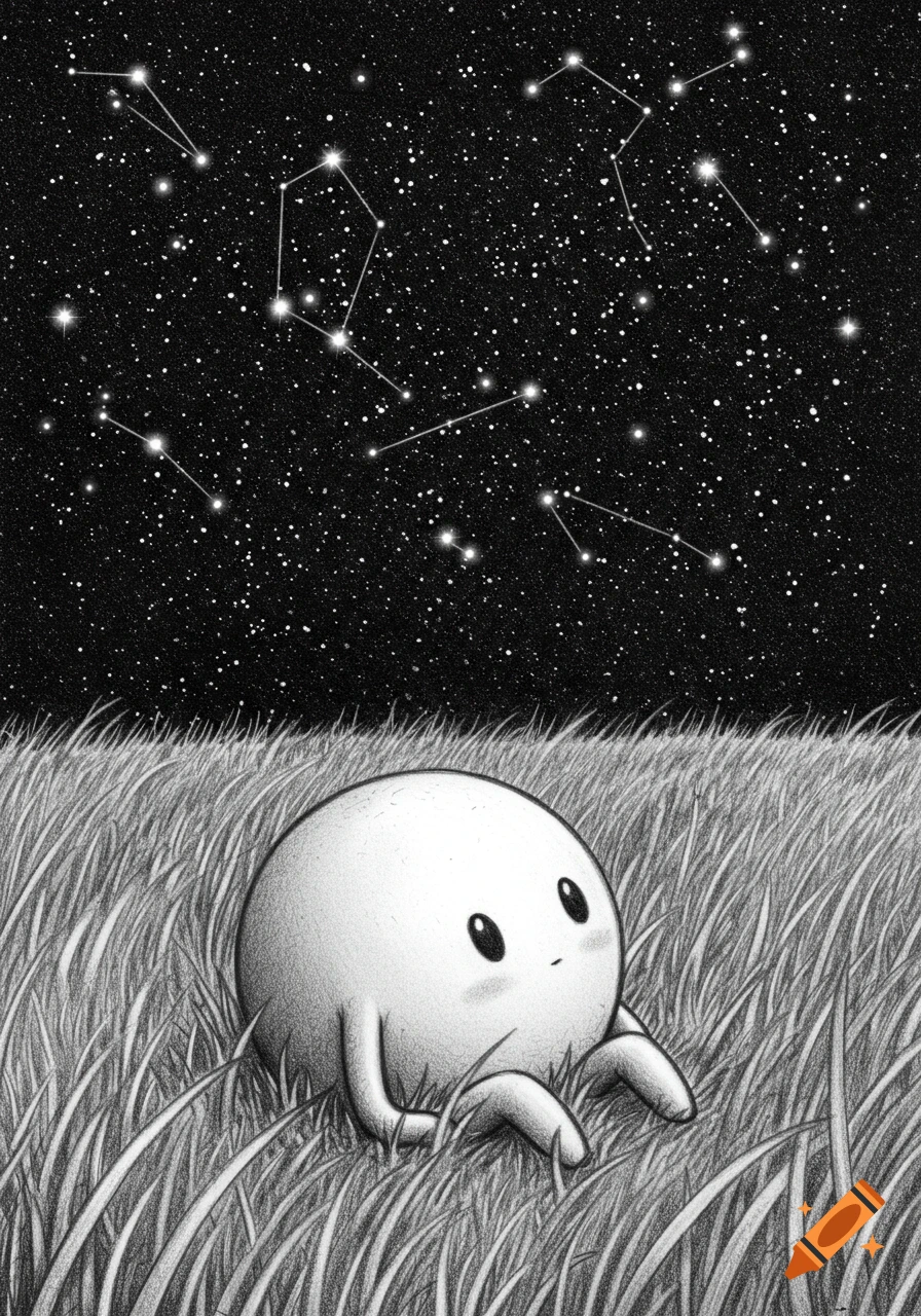 A round, white cartoon character with small eyes and faint blush sits in tall grass, looking up at a starry night sky with constellations. The image is a black and white pencil drawing.