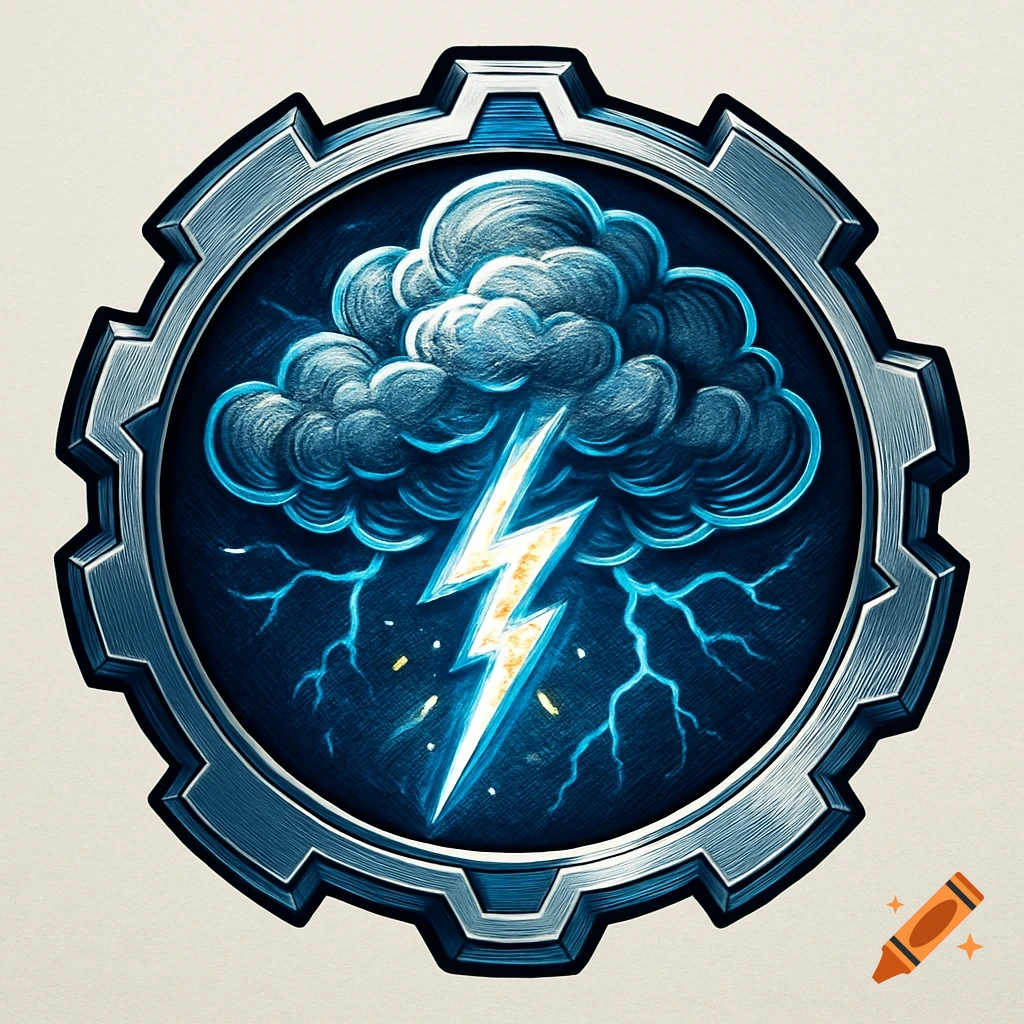 A stylized blue and silver gear-shaped logo featuring a dark stormy cloud with a bright lightning bolt in the center, on a light background.