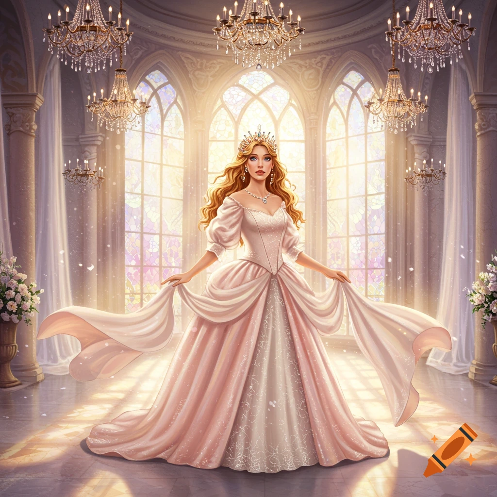 A beautiful princess in a flowing pink and white gown and crown stands in a grand, sunlit ballroom with chandeliers.