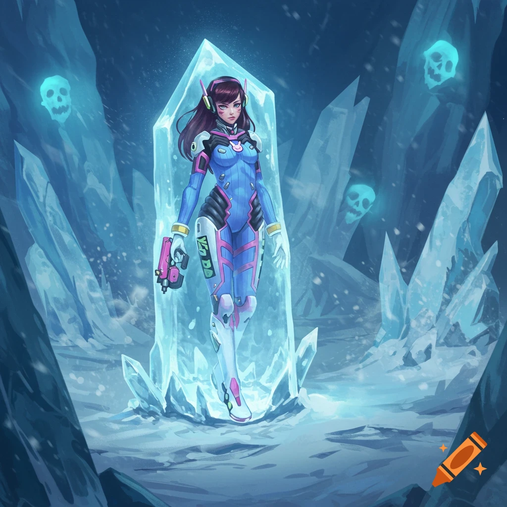 D.va from Overwatch in her blue and pink sci-fi suit, frozen in a glowing ice crystal in an icy cave with floating blue skull specters.
