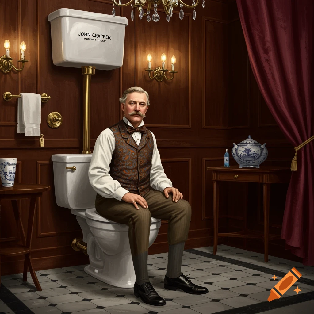 A distinguished man in Victorian attire sits on a toilet in a richly decorated, wood-paneled bathroom. 'JOHN CRAPPER' is on the tank.