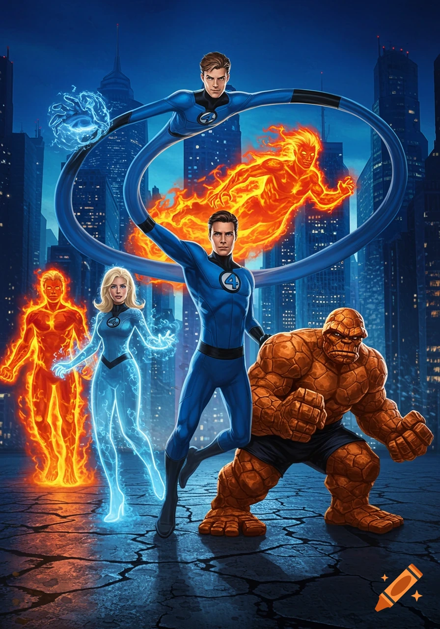 The Fantastic Four superheroes pose in a city, featuring Mr. Fantastic, Invisible Woman, Human Torch, and The Thing.
