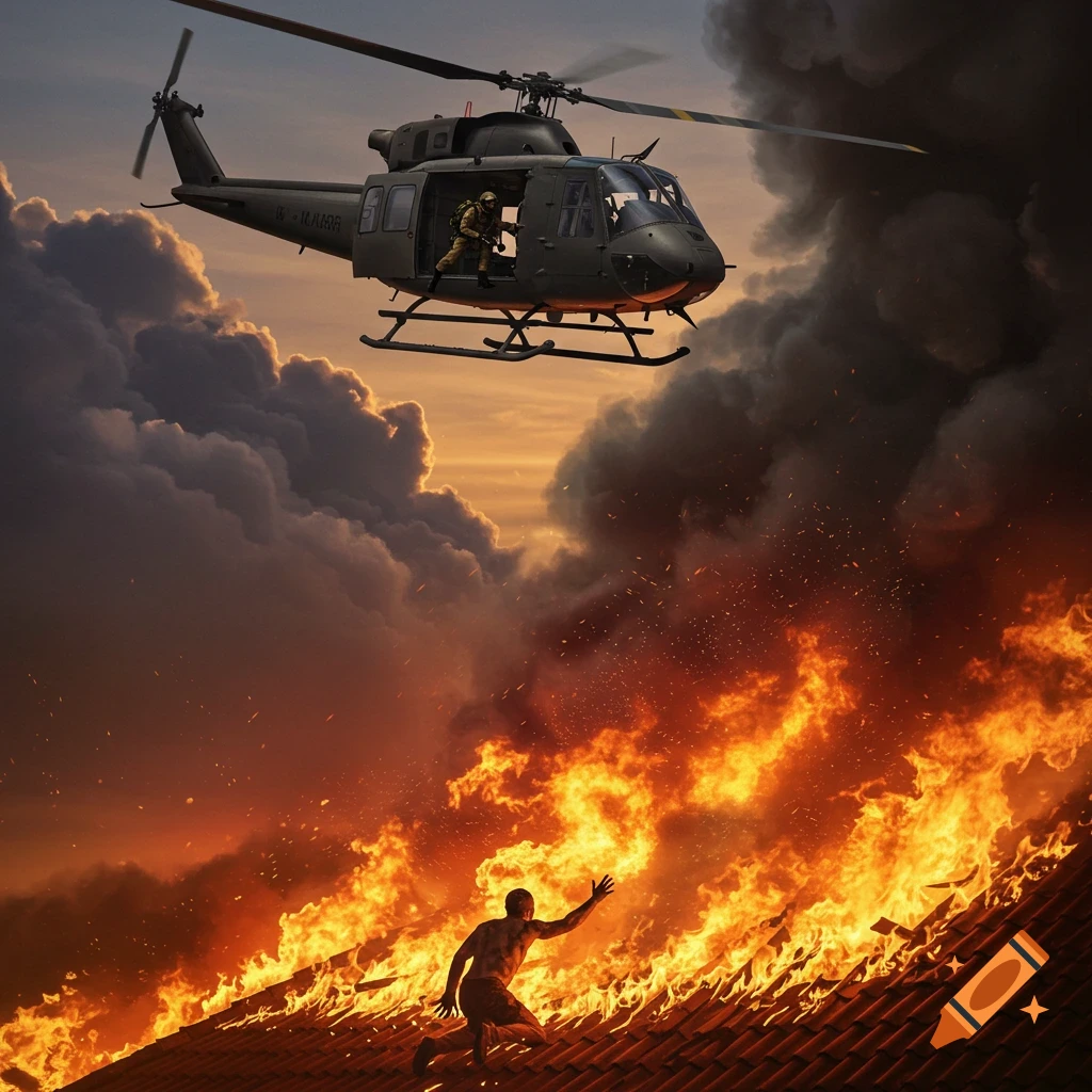 A military helicopter hovers above a man reaching up from a burning roof, surrounded by fire and smoke at sunset.