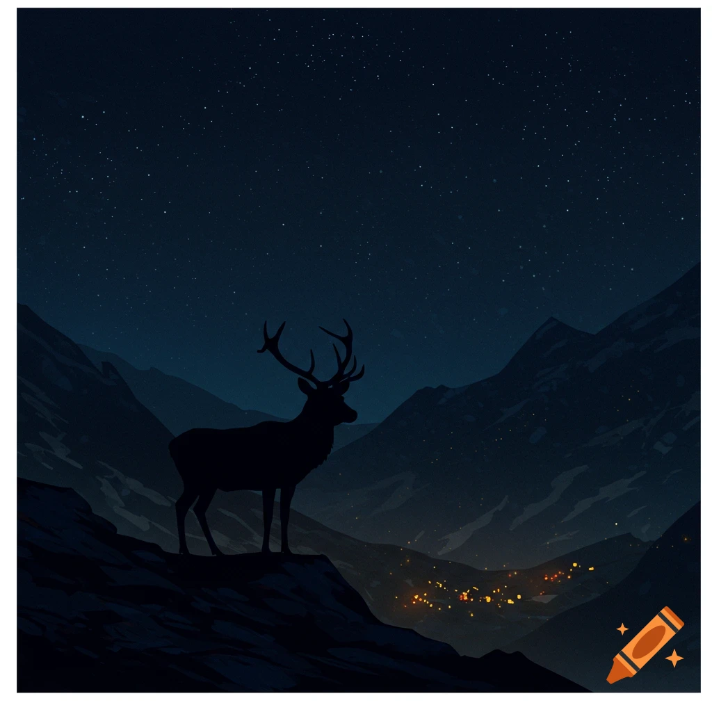 A stylized illustration of a deer silhouette standing on a mountain peak at night, under a starry sky, with distant lights in a valley below.