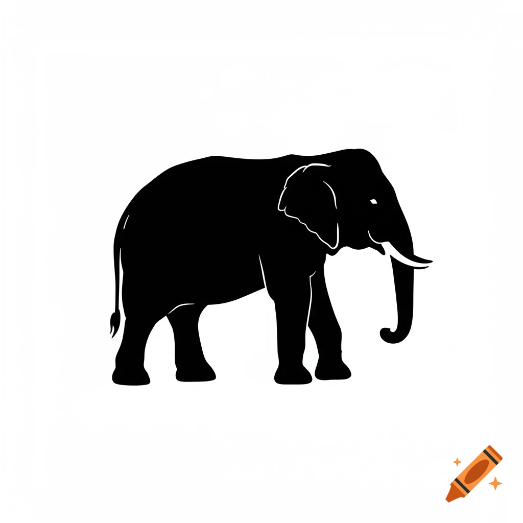A black elephant silhouette walking from a side view on a white background.