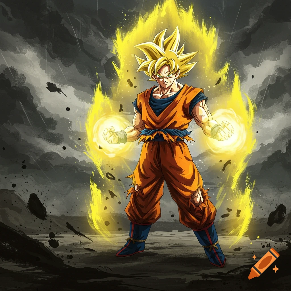 Goku in Super Saiyan form, surrounded by a yellow aura, holding glowing energy in his hands against a dark, stormy background.
