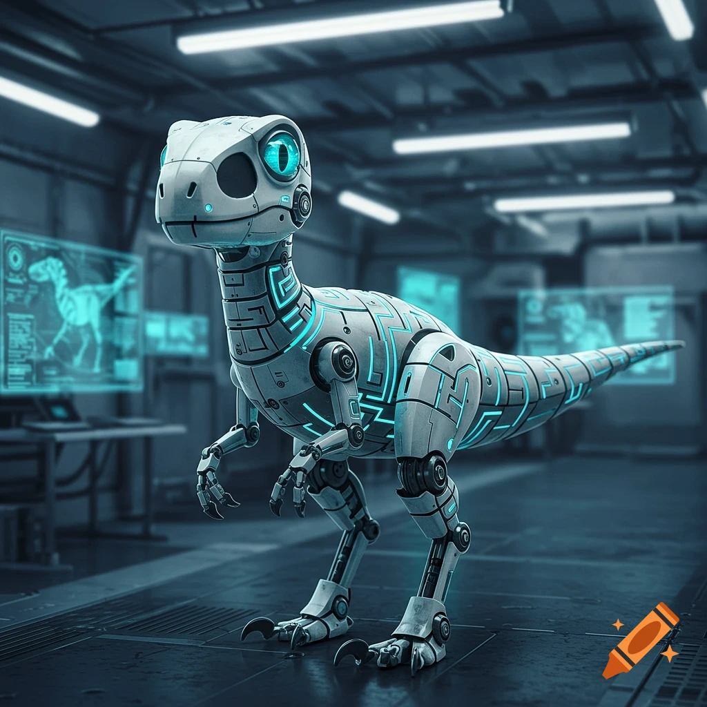 A white and gray robotic deinonychus with glowing blue maze patterns stands in a futuristic lab with glowing screens.