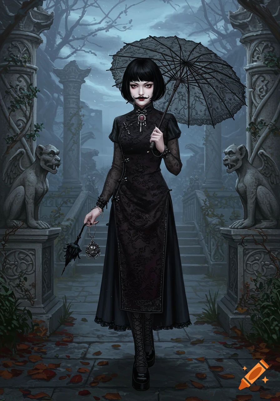 Gothic woman with black bob and mustache in a dark lace dress, holding an umbrella in a mysterious ruined courtyard with gargoyles.