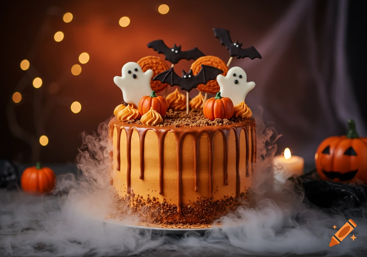 A festive Halloween cake decorated with pumpkins, ghost cookies, and bat toppers, surrounded by mystical smoke and warm bokeh lights.