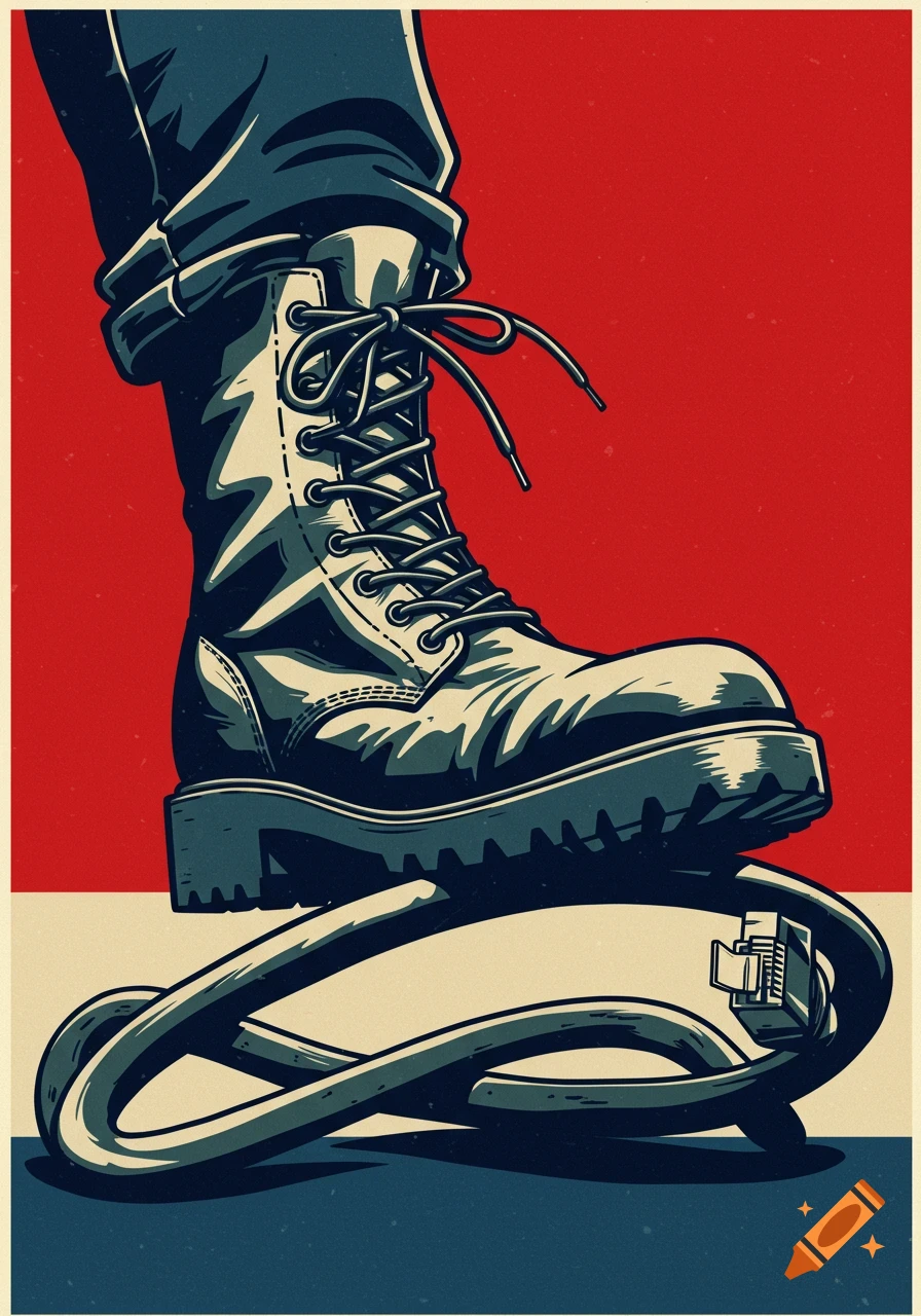 WWII propaganda style illustration of a combat boot crushing an ethernet cable against a red and blue background.