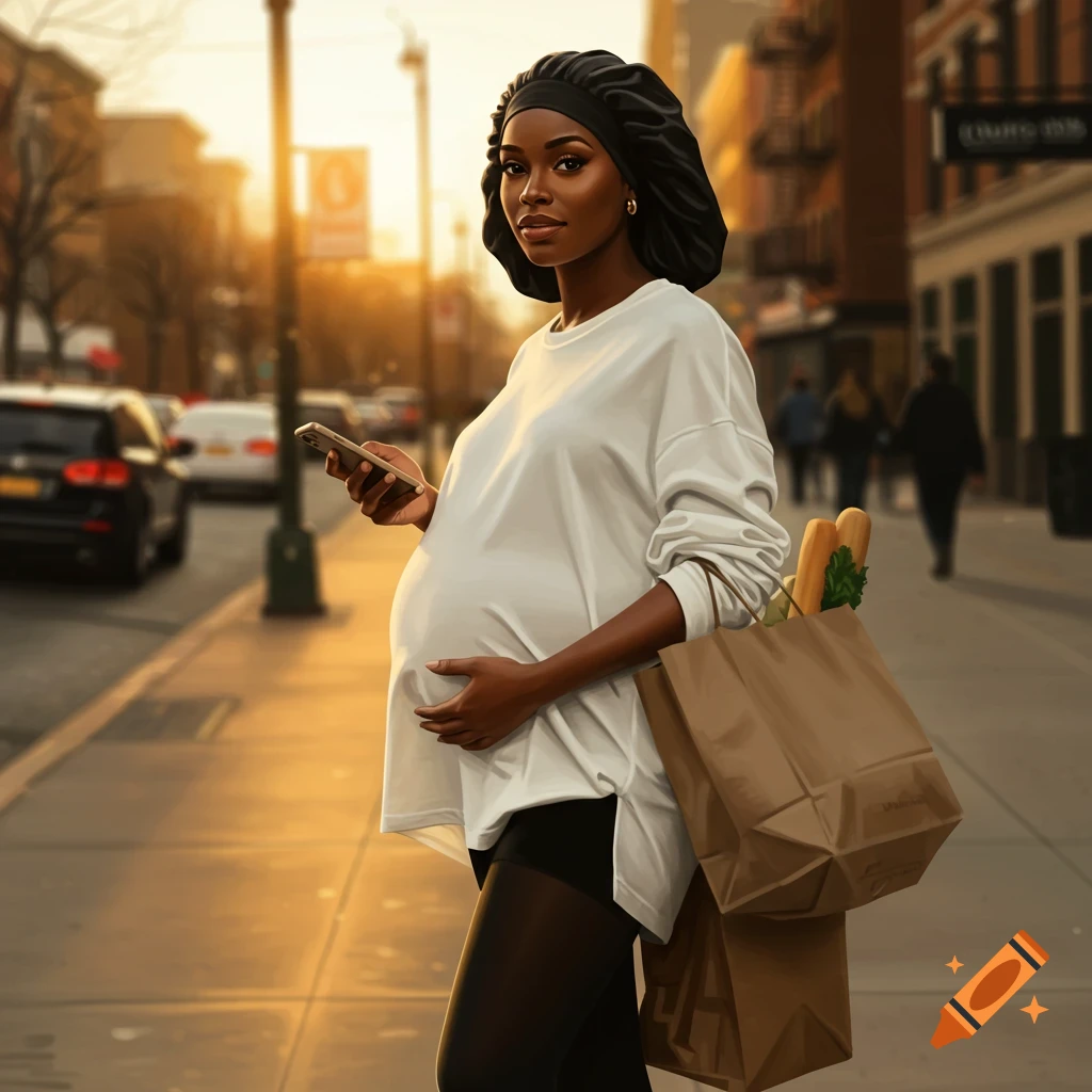 Photorealistic image of a pregnant Black woman walking on a city street, holding a phone and grocery bags, wearing a black bonnet.