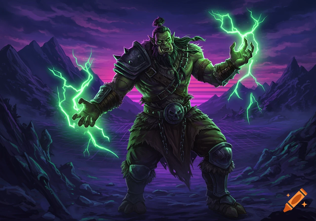 A fierce green orc shaman conjures green lightning in a purple retro mountain landscape.