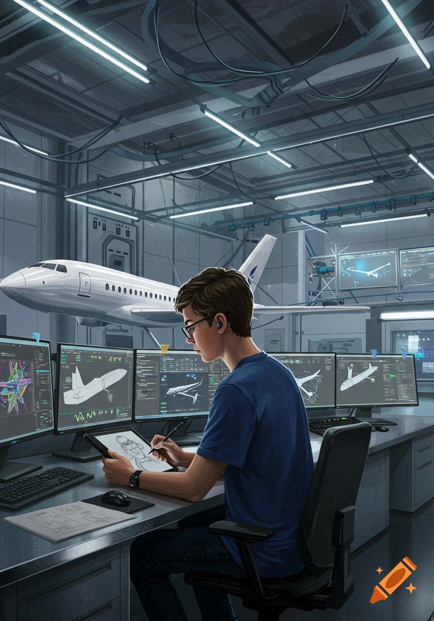 A young man in glasses works on an airplane design at a desk with multiple monitors, drawing on a tablet, with a jet behind him in a hangar.