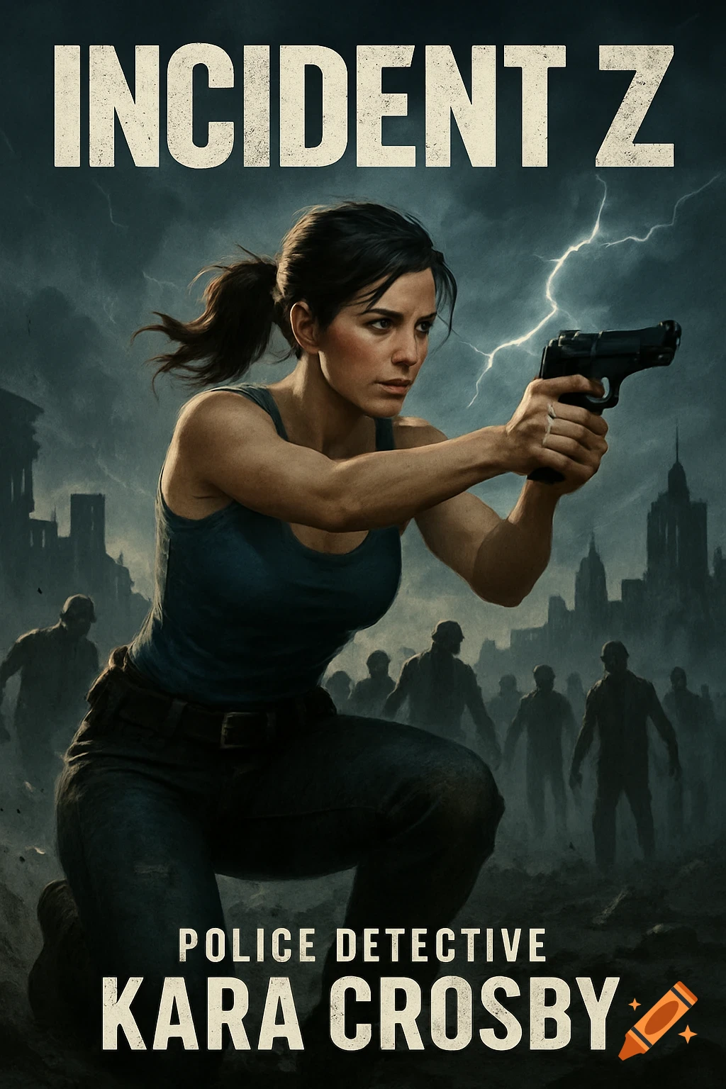 Video game poster: Police Detective Kara Crosby aims a pistol at zombies in a ruined city under a stormy sky, with the title "Incident Z".