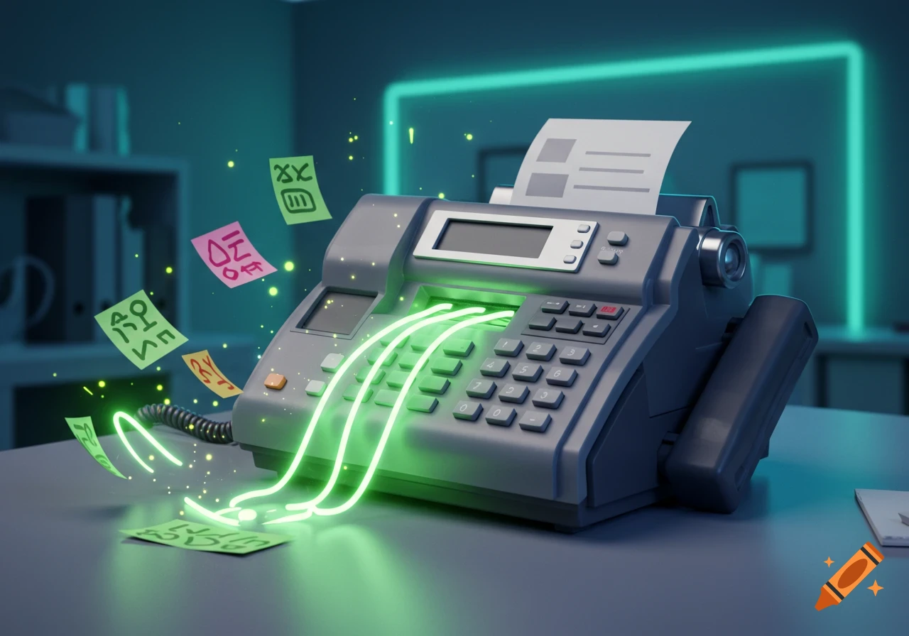 A stylized fax machine with glowing green lines and floating notes in a neon-lit office.