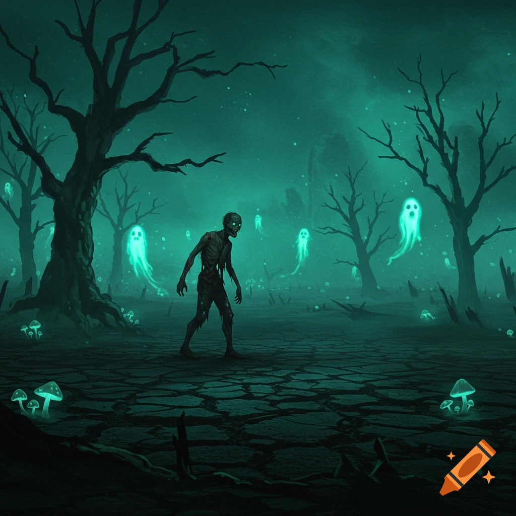 A decaying zombie walks through a dark, eerie forest with glowing green ghosts and mushrooms in a stylized fantasy illustration.