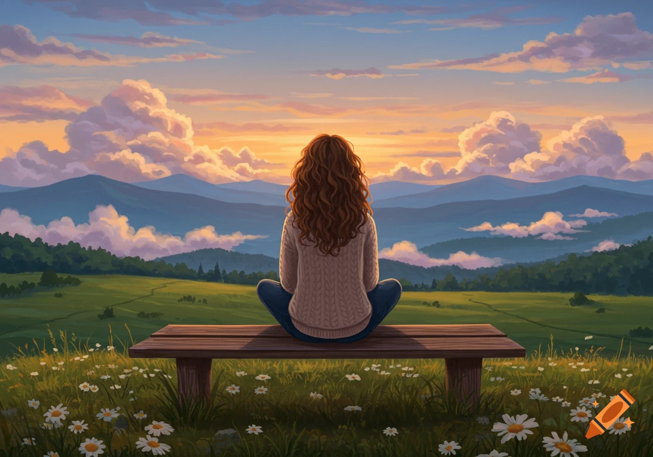 An illustrated image of a person sitting on a bench, back to viewer, overlooking a colorful mountain landscape with clouds and wildflowers.