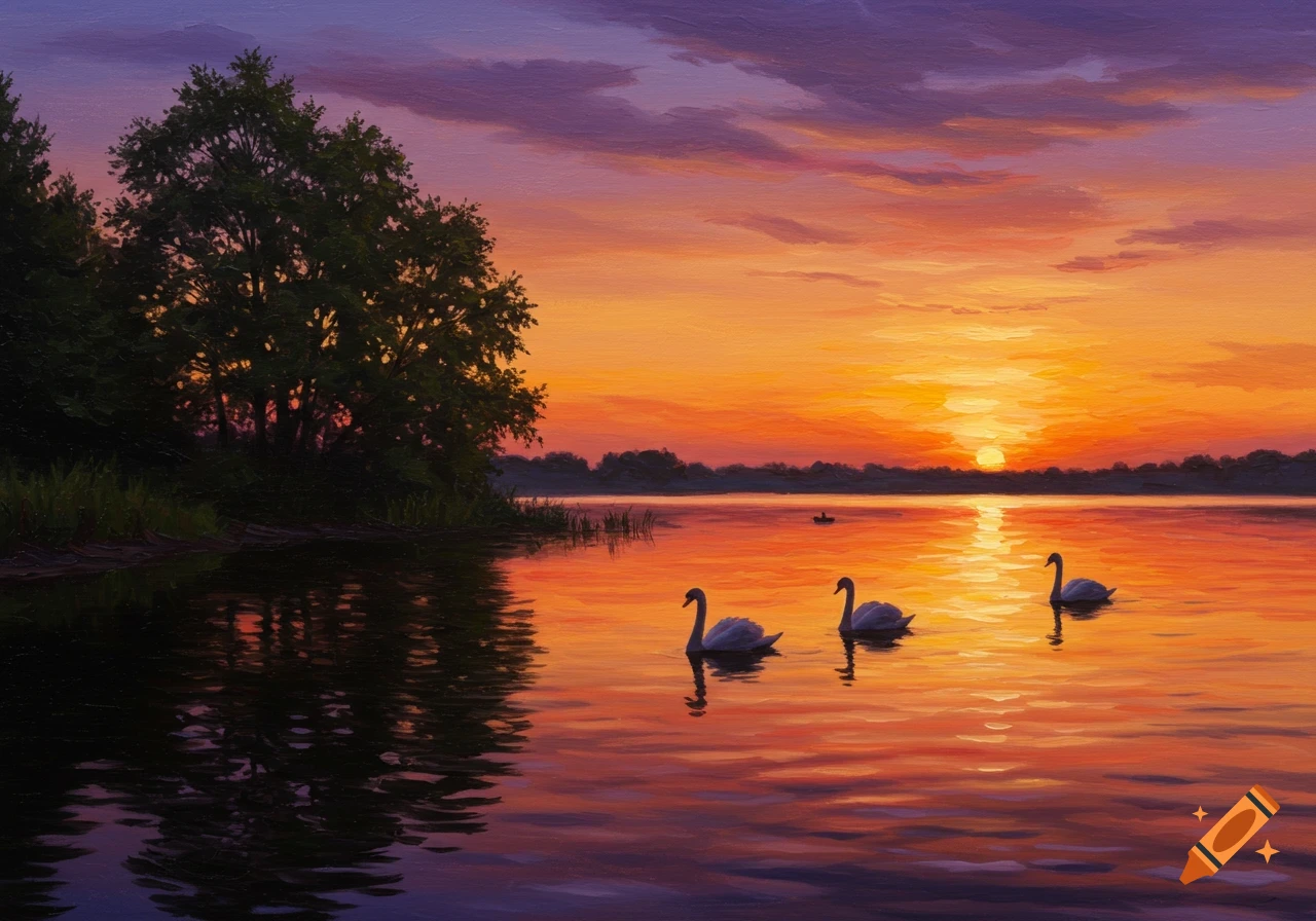 A vibrant oil painting of three white swans gracefully swimming on a lake during a fiery sunset, with trees silhouetted on the left bank.