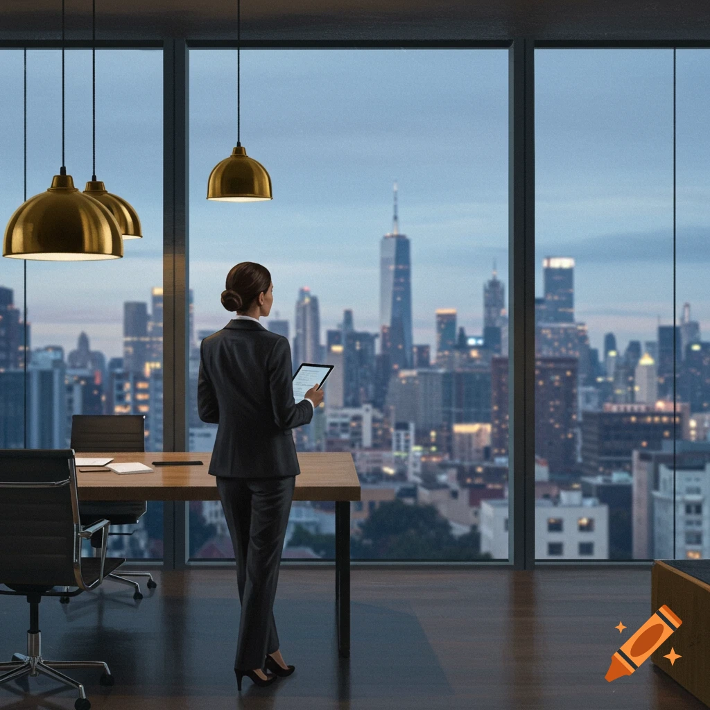 A businesswoman in a suit stands in an office looking out at a city skyline, holding a tablet. Photorealistic.