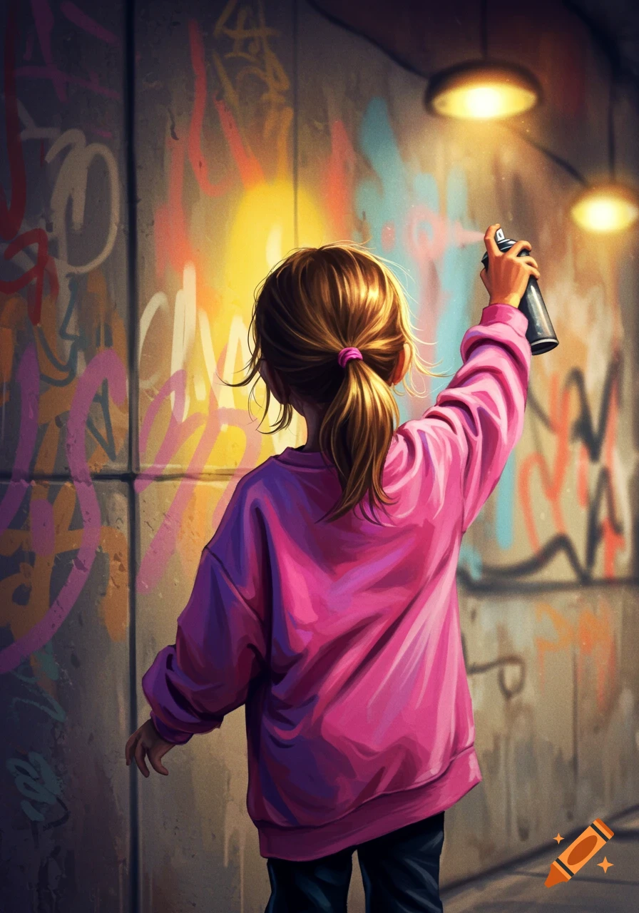 Young girl in pink sweatshirt spray painting colorful graffiti on a dimly lit concrete wall in an urban setting.