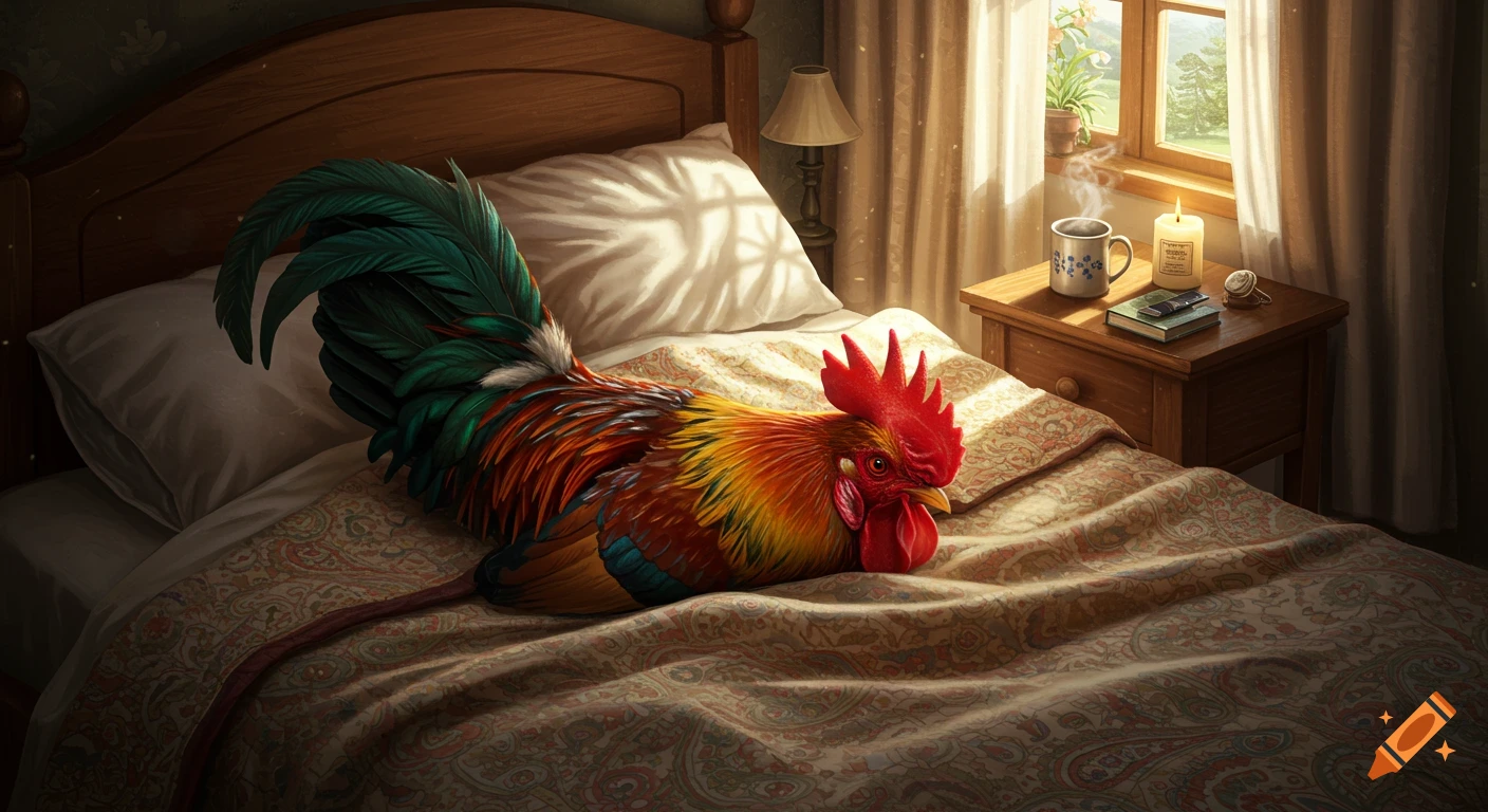 A colorful rooster lies on a patterned duvet in a sunlit bedroom, with a steaming mug and candle on the nightstand.
