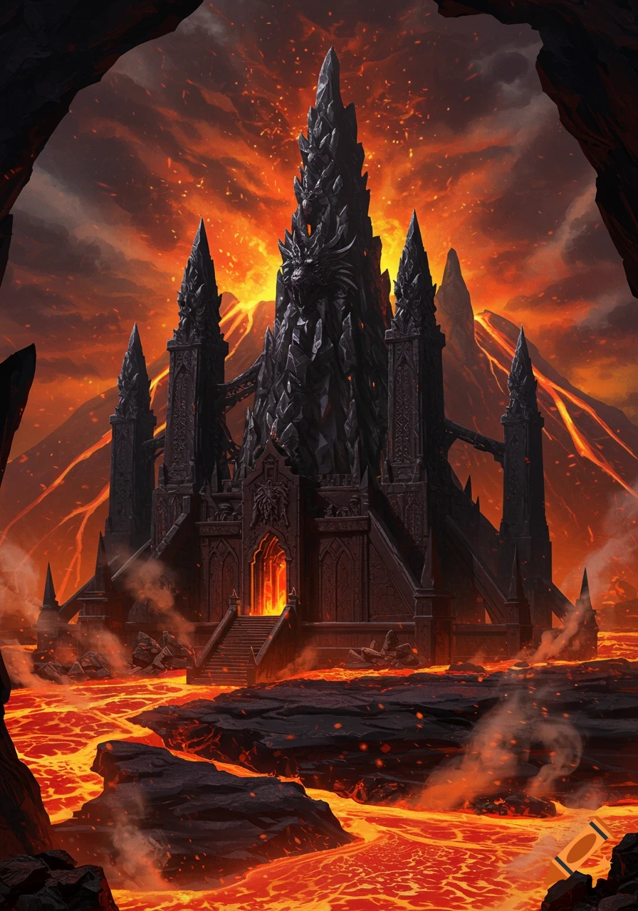 An obsidian dragon temple with spires stands amidst flowing lava inside a volcanic caldera under an fiery orange sky.