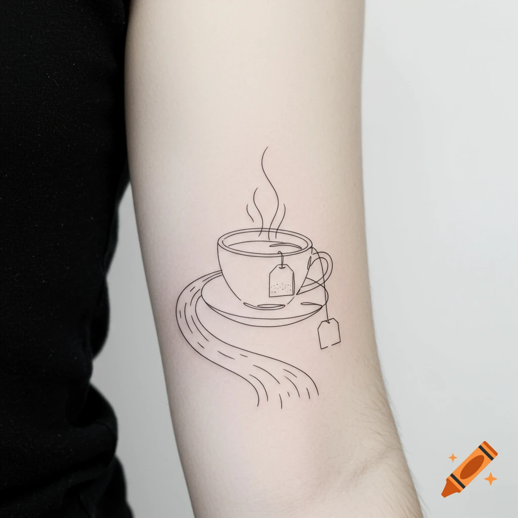 A minimalist single-line art tattoo of a teacup with a tea bag and steam, with a river flowing from it, on an arm.