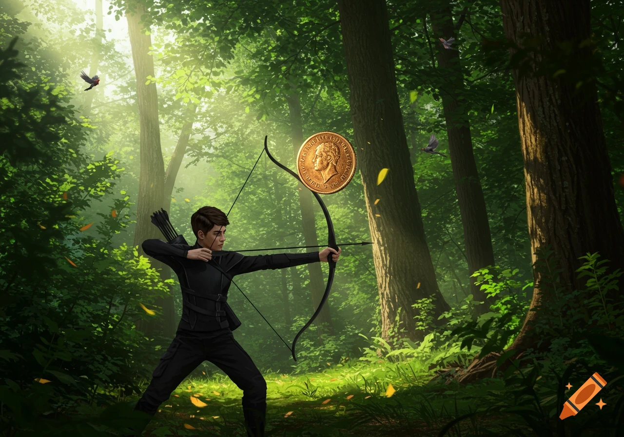 A young archer in black aims a bow at a large gold coin in a vibrant, sunlit forest.