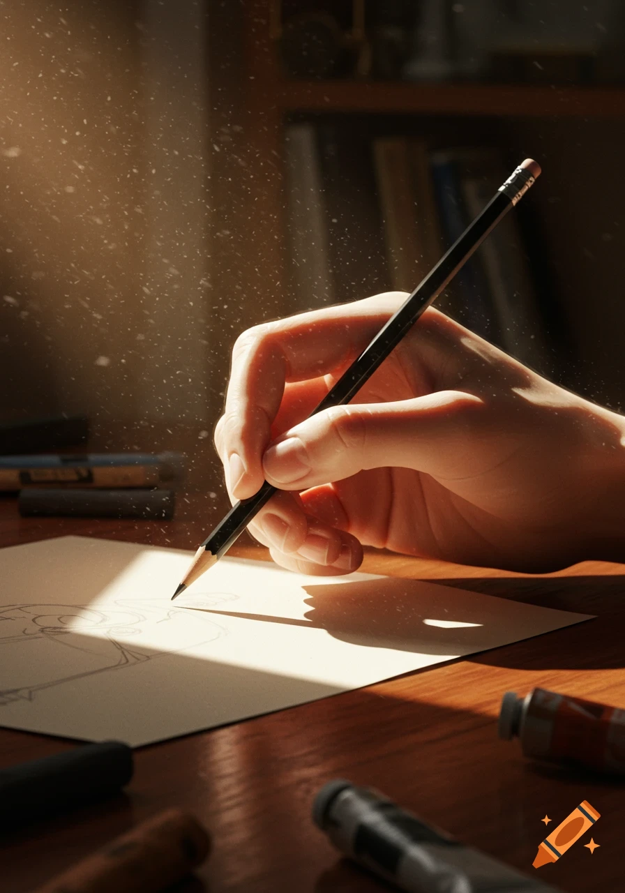 A close-up, photorealistic shot of a hand holding a pencil and drawing on paper, illuminated by sunlight through a dusty room.