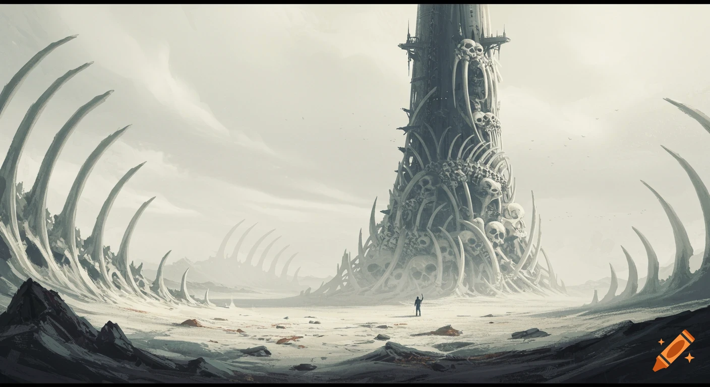 A lone figure in a desolate, ash-colored landscape dominated by a towering structure made of skulls and bones, flanked by giant bone reefs.