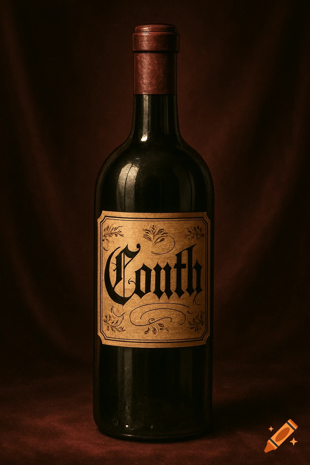 A dark wine bottle with a beige label featuring "Couth" in Fraktur script, against a dark red background.