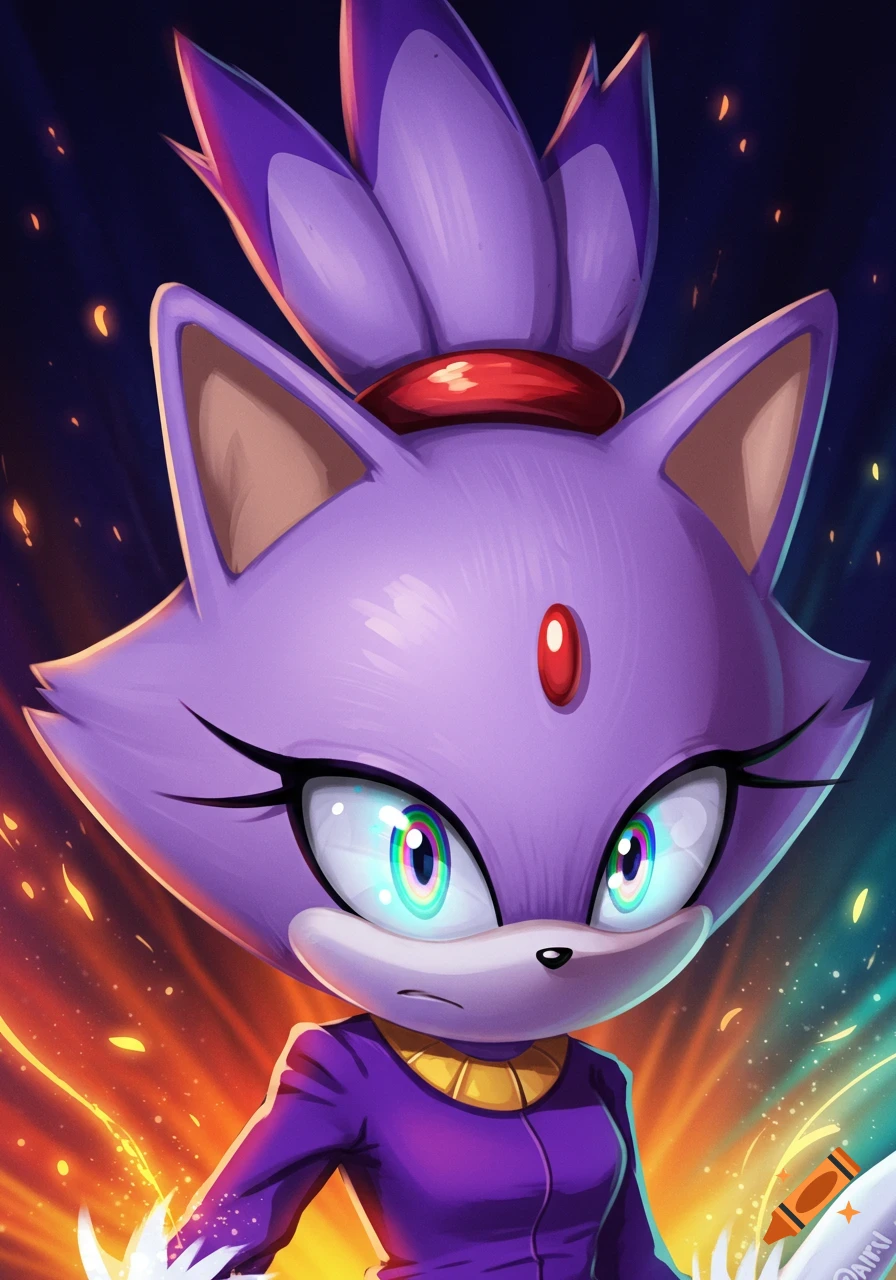 Close-up of Blaze the Cat with purple fur and glowing spiral eyes, against a fiery background in an animated style.