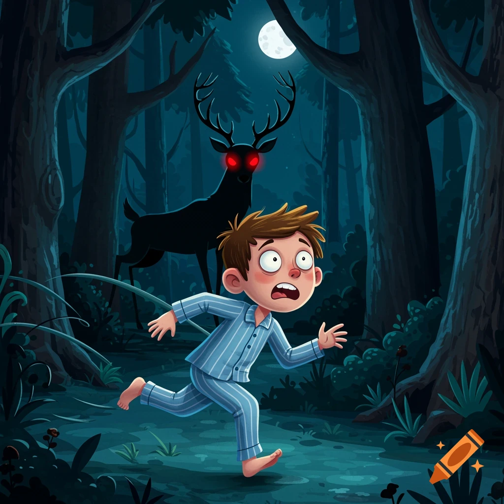 Cartoony boy in pajamas runs scared through a dark forest from a black deer with glowing red eyes under moonlight.
