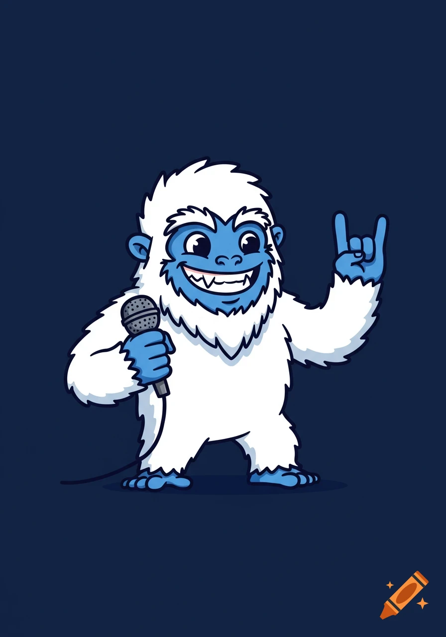 A cartoon yeti with white fur and blue face, hands, and feet holds a microphone and makes a rock hand gesture on a dark background.