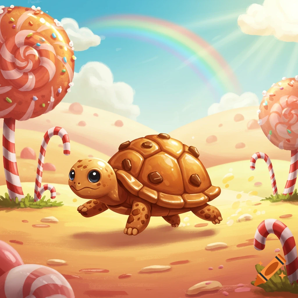 A cute cookie turtle walks in a whimsical candy land with lollipops, candy canes, and a rainbow, cartoon style.