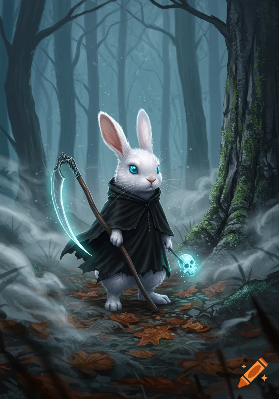 A white rabbit dressed as a grim reaper, holding a glowing scythe and skull staff, stands in a foggy dark forest.