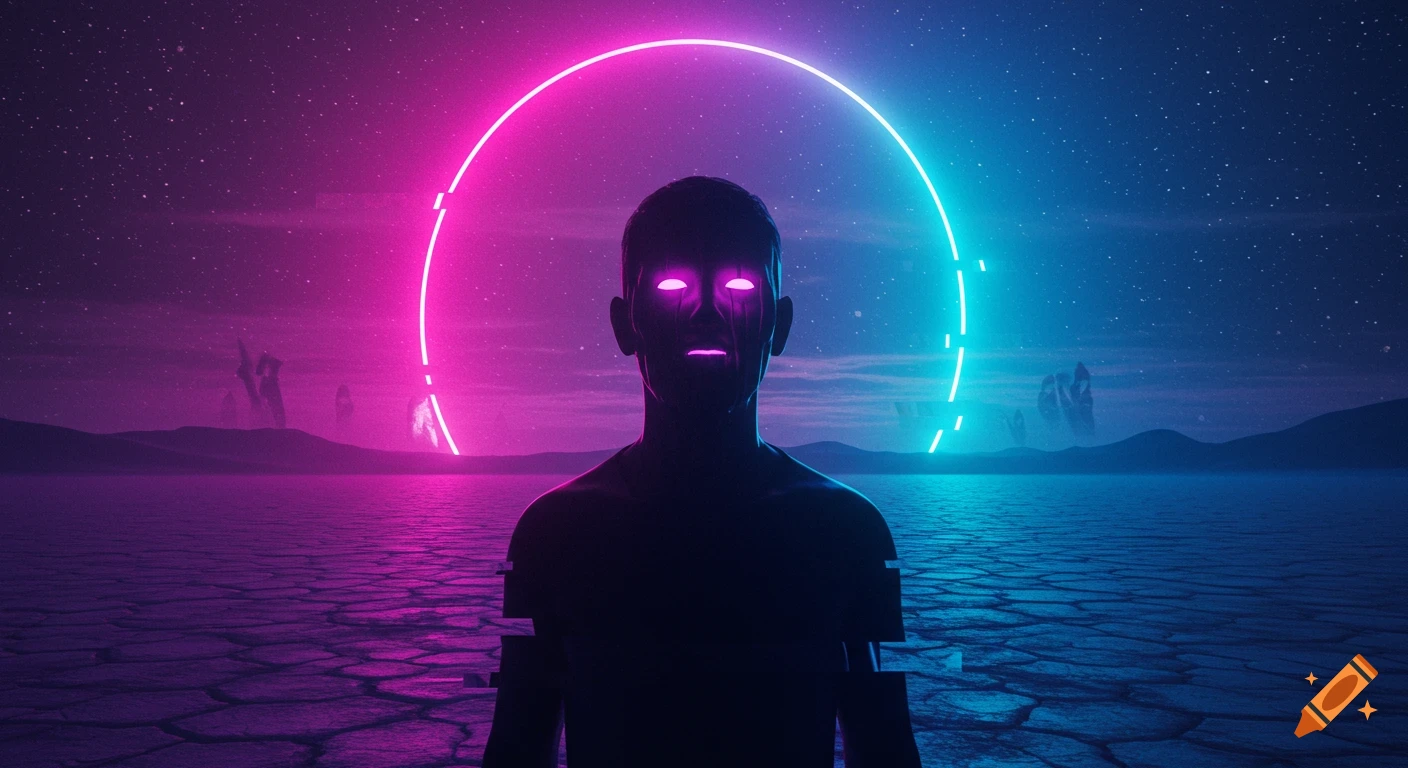 Dark, eerie figure with glowing purple eyes on a cracked desert under a starry sky, neon pink and blue ring behind its head.