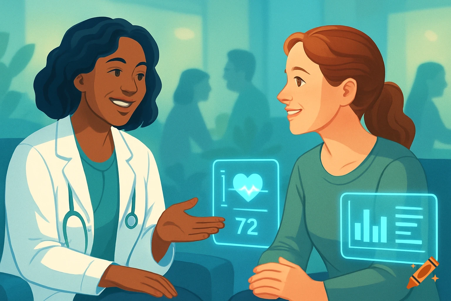 A doctor talks to a smiling patient, with glowing digital health metrics like a heart rate and charts floating between them. Illustrated style.