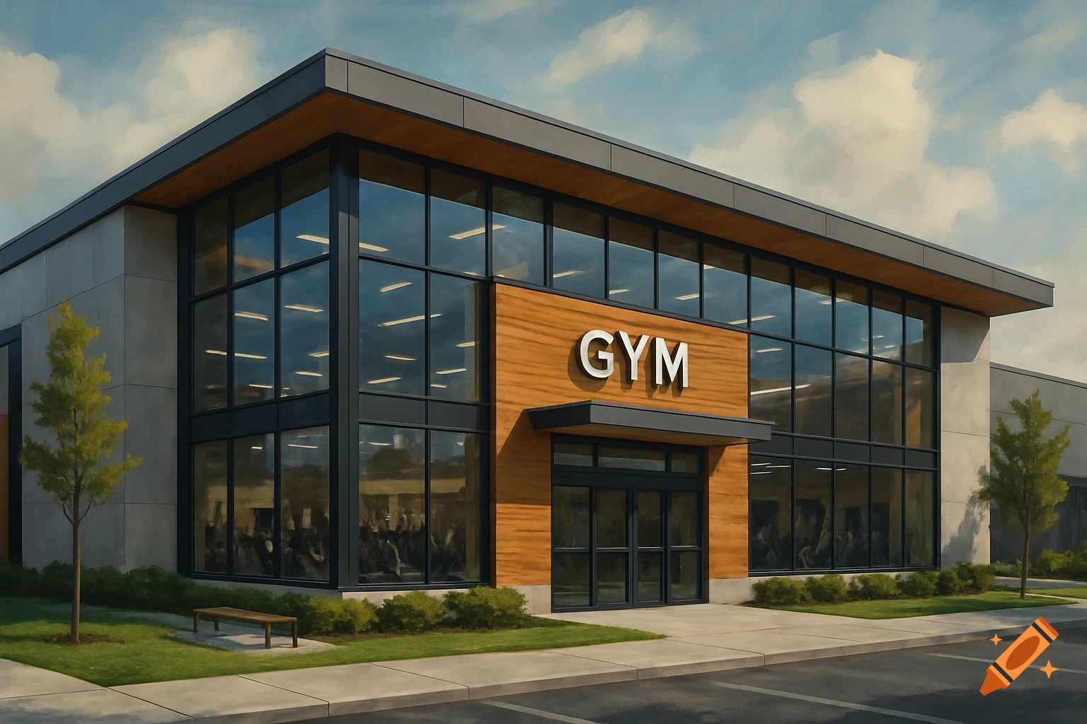 A modern gym building with large glass windows, concrete and wood facade, and 'GYM' above the entrance.