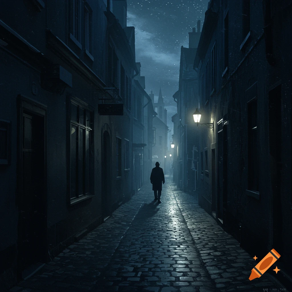 A lone figure walks down a narrow, dark, cobblestone street at night, lit by streetlights under a starry sky. Photorealistic.