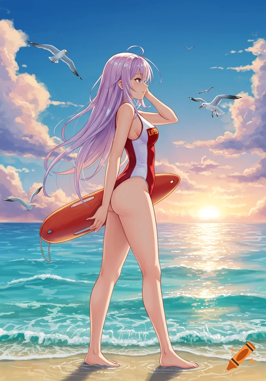 Anime girl with long purple hair in a red and white swimsuit walks on a sunny beach, holding a lifeguard buoy.