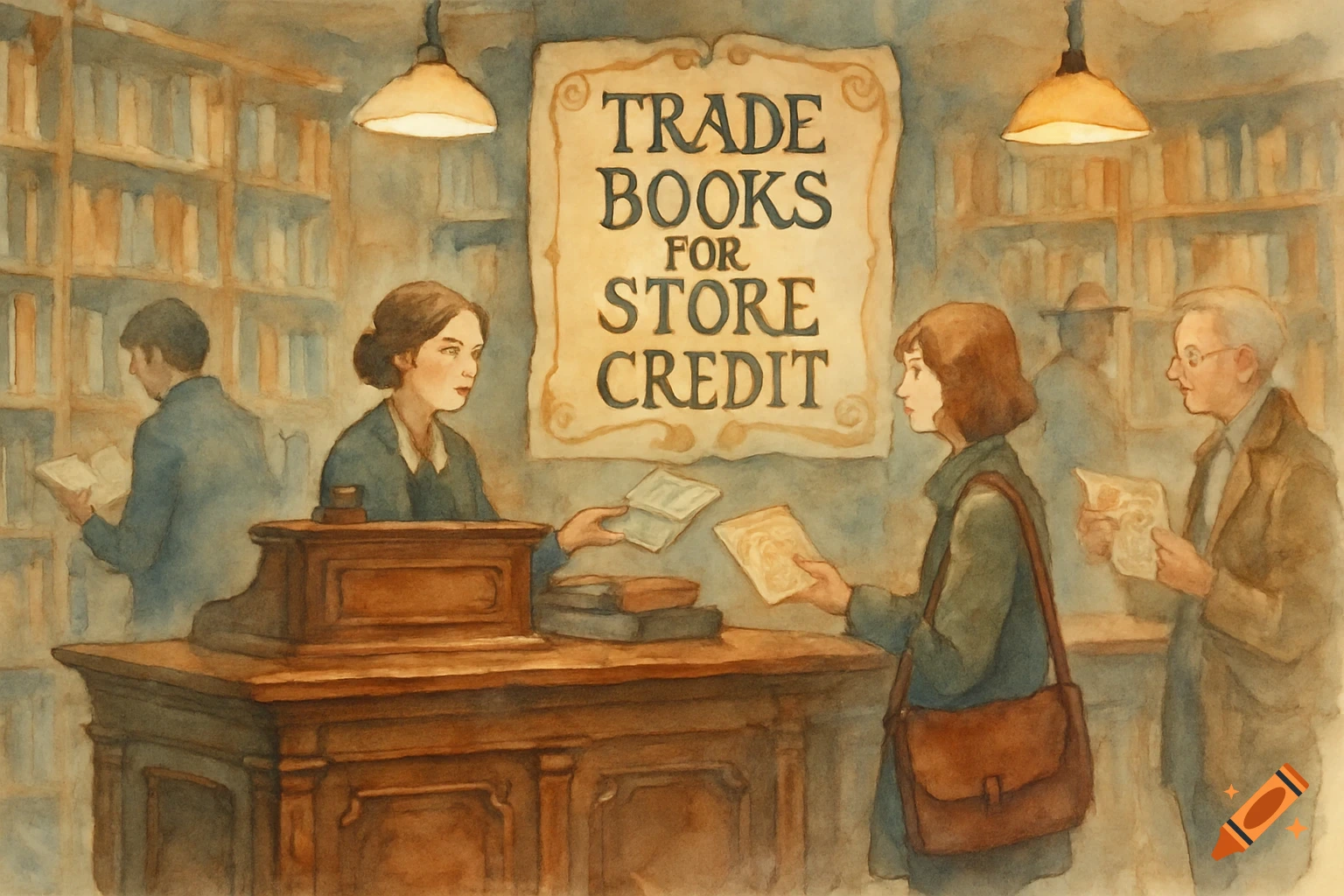 Watercolor painting of a bustling bookstore where a woman trades books for store credit at a counter. Other patrons browse.