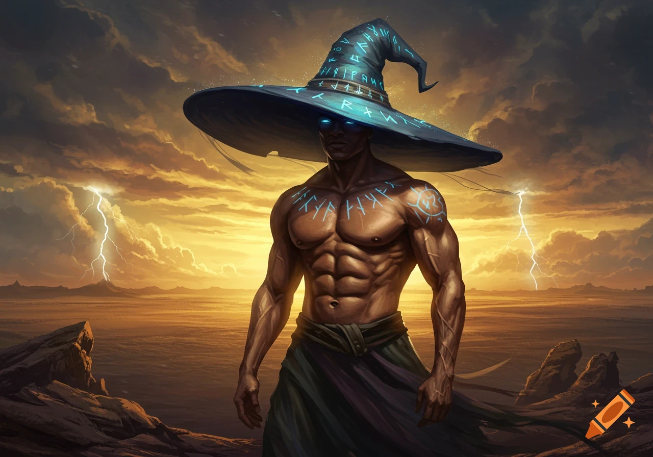 A muscular man with glowing blue eyes and blue runes on his body wears a wide-brimmed wizard hat with matching runes, standing against a stormy, sunset-lit sky with lightning.
