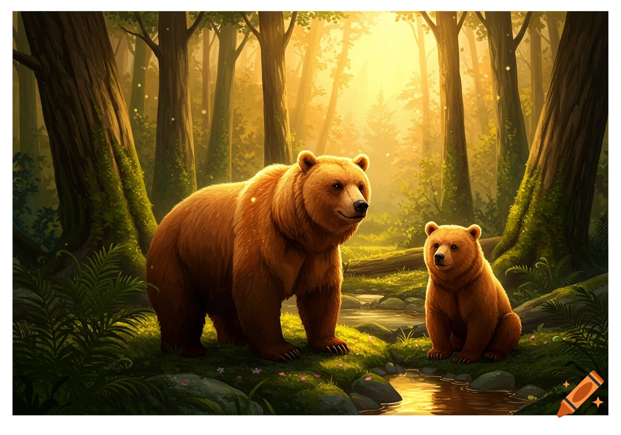 Two brown bears, an adult and a cub, stand by a stream in a sunlit forest, in a digital illustration.