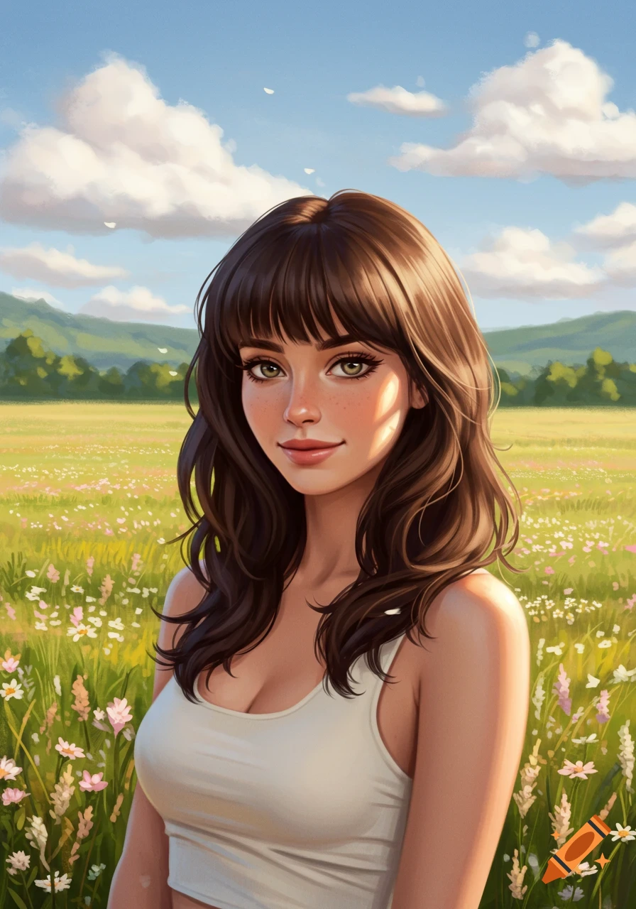 A young woman with brown hair in a white tank top stands in a field of wildflowers under a blue sky, digital art.