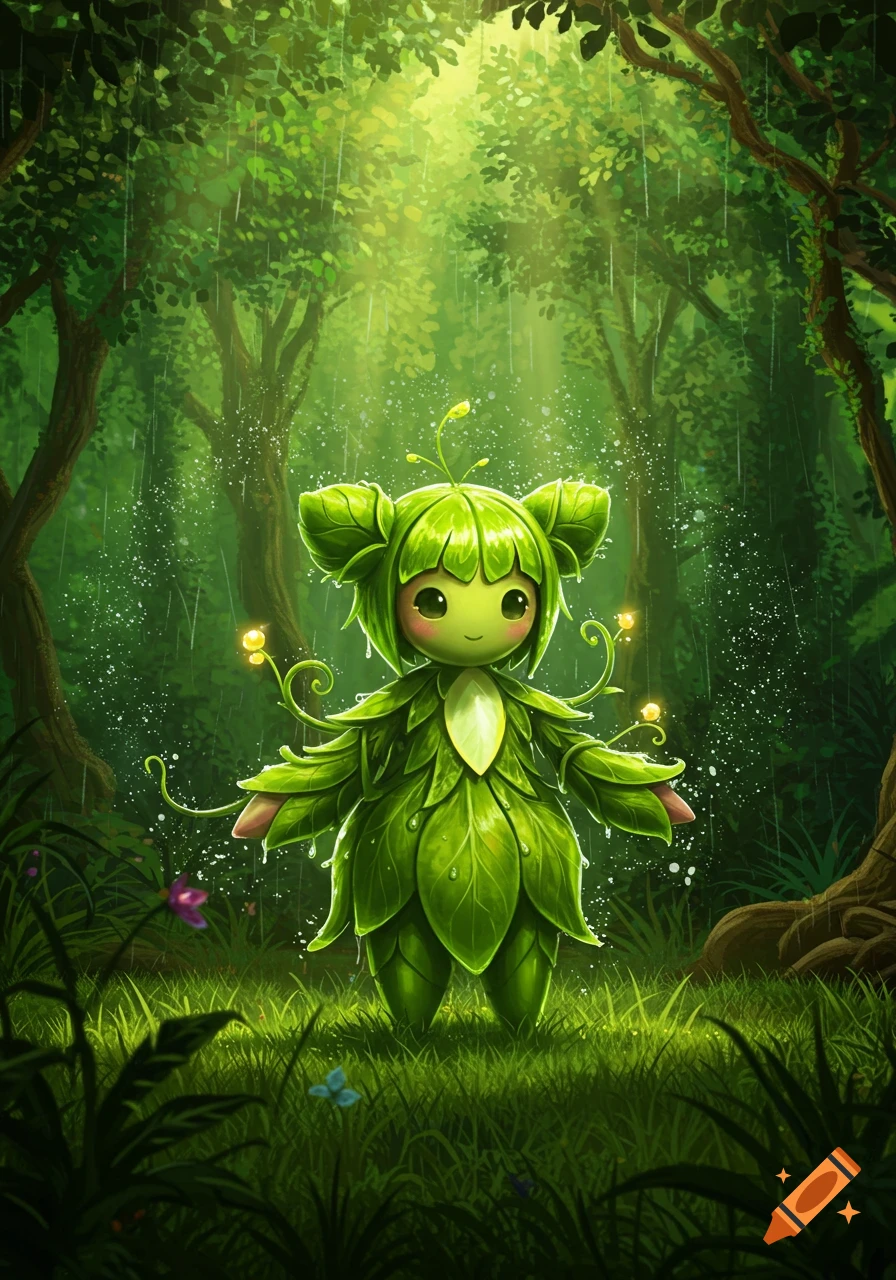 A cute, leafy green creature with large eyes and a gentle smile stands in a vibrant, rainy forest with sun rays filtering through the canopy.